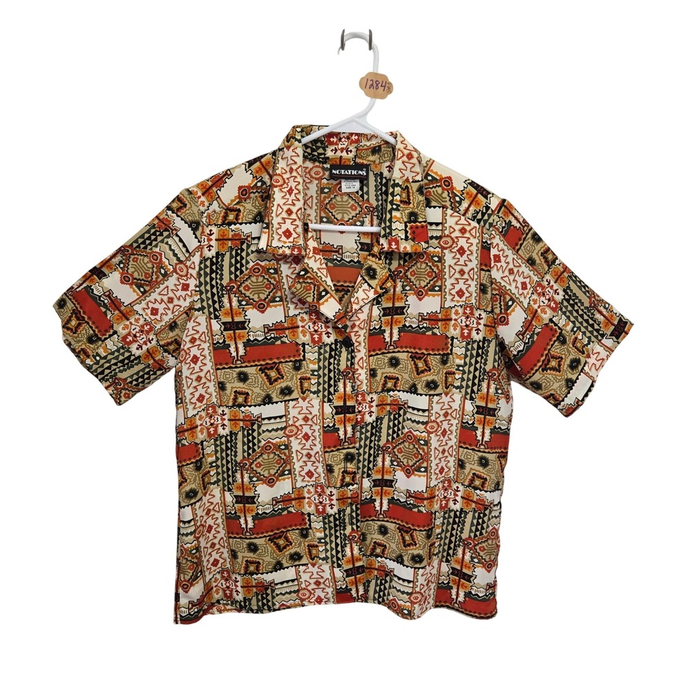 Vintage 80s Notations Geometric Tribal Print Button Up Blouse Rust Tan Size 10